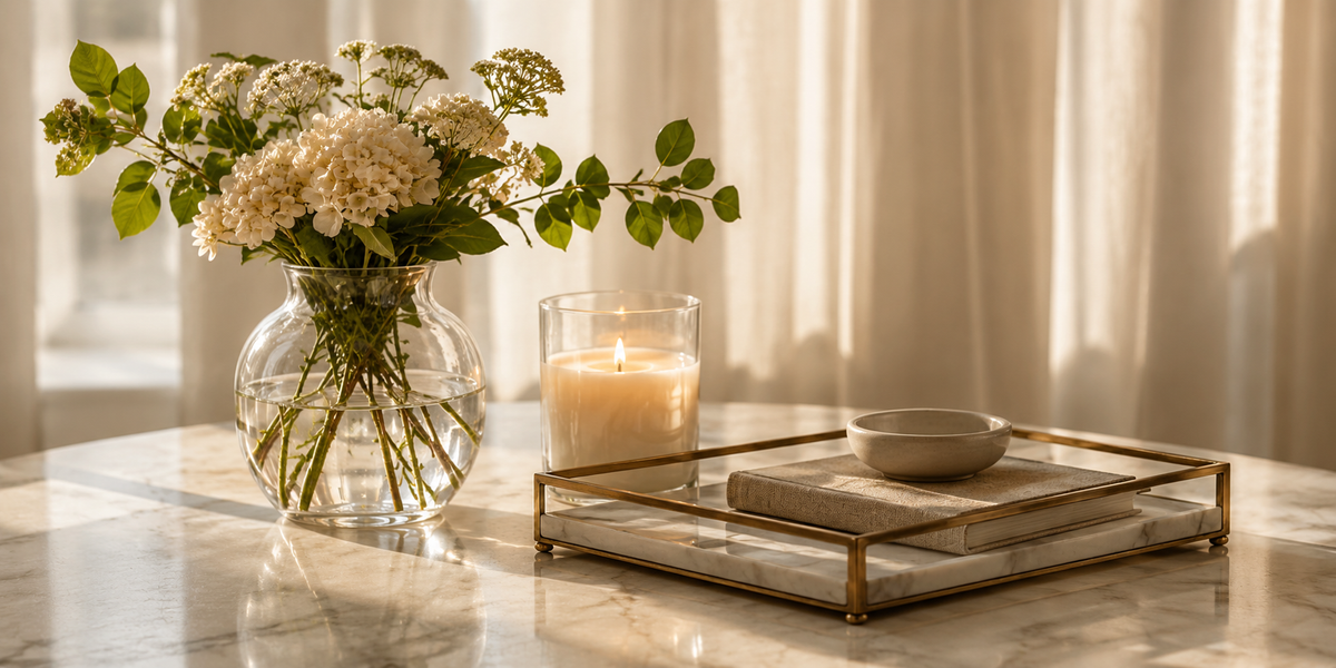 A styled interior scene with a clear glass vase holding white flowers and green leaves on a marble table, next to a lit candle in a glass holder and a gold-framed tray with a small bowl. Warm sunlight streams through curtains in the background.