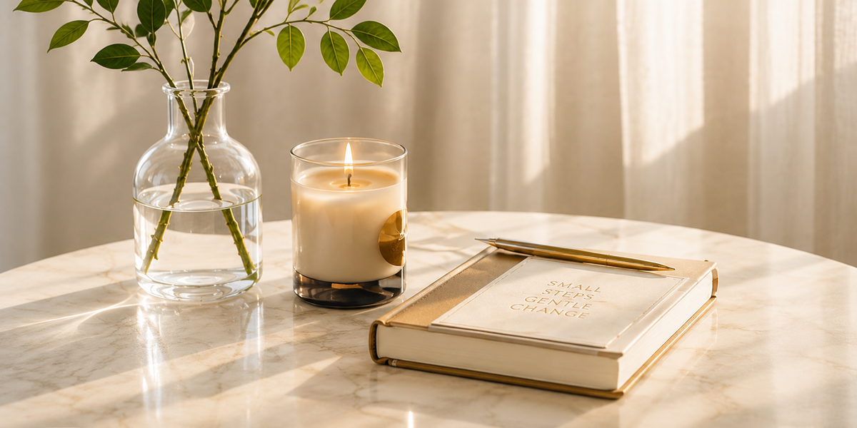 A styled interior scene on a marble table with a clear glass vase holding green stems, a lit cream candle in a glass holder, and a closed book with gold trim and gold lettering. Warm sunlight streams in from a window behind sheer curtains.