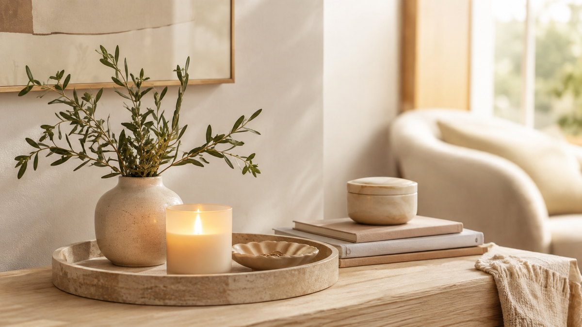 A styled interior scene with a round wooden tray holding a ceramic vase with greenery, a lit candle, and a small dish, set on a console table in a softly lit room.