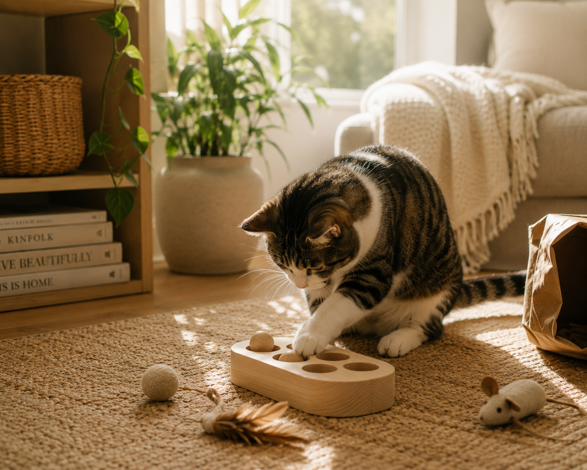 A tabby and white cat plays with a wooden toy on a carpeted floor in a sunlit living room. The toy has circular cutouts, and nearby are small toy balls, a feather, and a small mouse toy.
