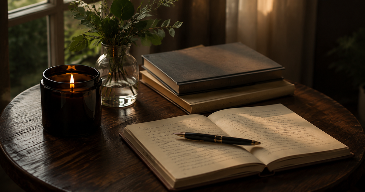 A warm, cozy tabletop scene with an open notebook and a pen in the foreground, stacked books behind it, a small glass vase with greenery, and a lit dark amber candle near a window. No person or animal is present, but this is not a clean isolated product shot; it is styled in a real interior environment, so subject_type is Lifestyle.