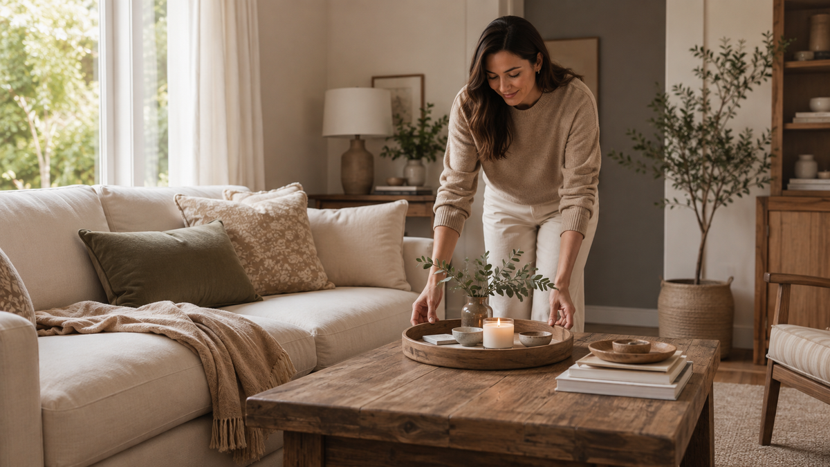 A woman in a beige sweater and white pants is arranging a decorative tray on a rustic wooden coffee table in a bright, modern living room with a cream sofa and neutral-toned decor.