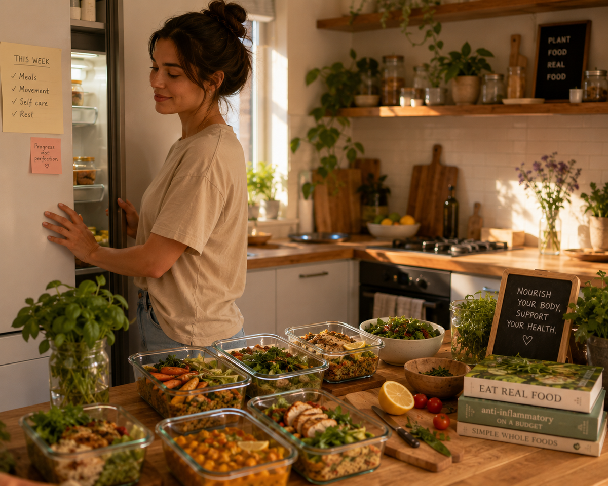 A woman in a beige t-shirt stands in a bright, sunlit kitchen opening a refrigerator. In the foreground, several glass meal prep containers filled with salads, grains, and vegetables are arranged on a wooden counter next to cookbooks and a small chalkboard sign.