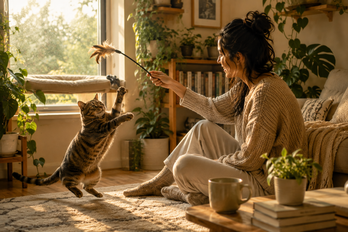A woman in a cozy knit sweater sits on the floor in a sunlit living room, holding a feather wand toy while a tabby cat jumps and stretches to play on the rug. The room is filled with plants, books, and warm natural light.