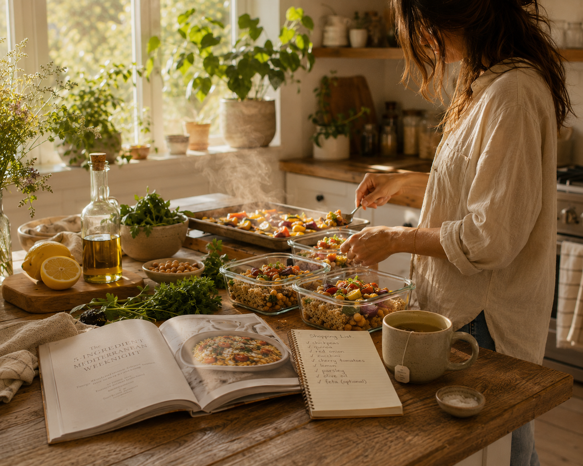 A woman in a cream blouse prepares food at a rustic wooden kitchen island, with several clear plastic meal prep containers filled with colorful salad ingredients. An open cookbook, a recipe notebook, a mug, and fresh herbs and lemons are arranged on the counter in a warm, sunlit kitchen setting.