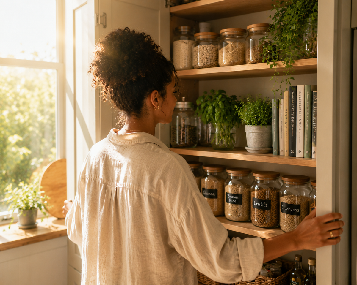A woman in a cream linen shirt stands in a sunlit kitchen pantry, reaching toward shelves stocked with glass jars of grains and legumes, potted herbs, and books.