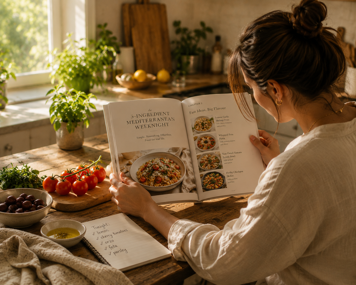 A woman in a kitchen reads an open cookbook showing Mediterranean Weeknight recipes, with fresh tomatoes, olives, herbs, and a notebook on a wooden table.