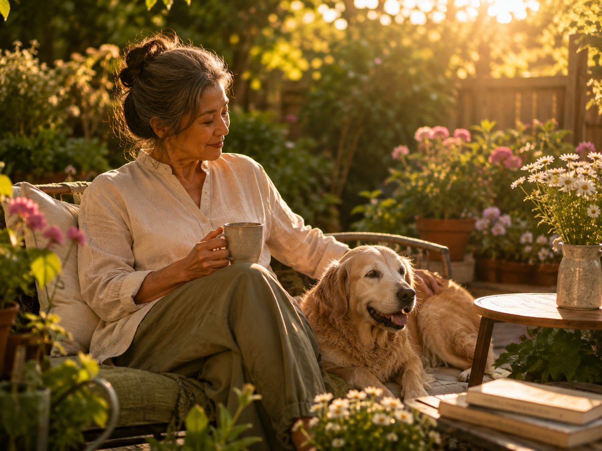 A woman in a relaxed outdoor garden setting sits in a chair with a mug, petting a golden retriever dog. The scene is warmly lit by golden hour sunlight, surrounded by lush greenery, potted plants, and flowers.