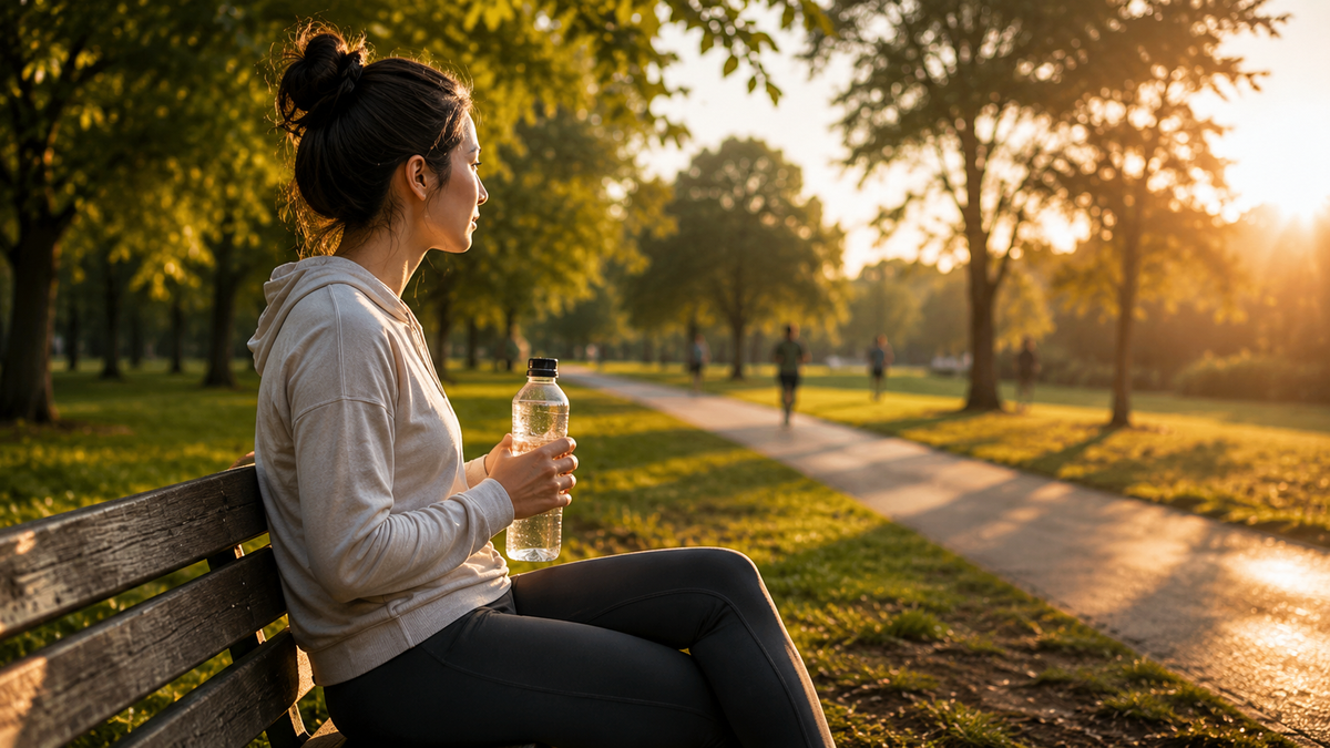 A woman in athletic wear sits on a park bench holding a water bottle, with a sunlit tree-lined path in the background.