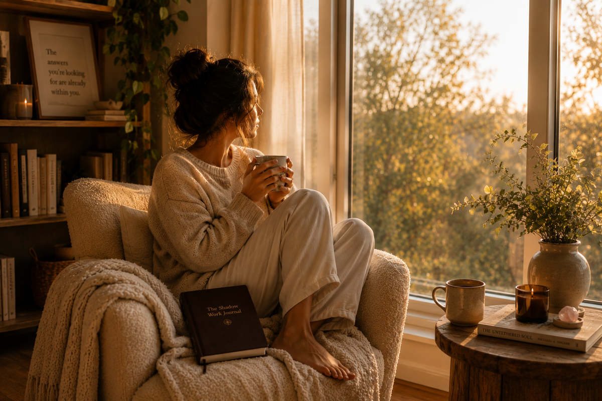 A woman in cozy beige loungewear sits barefoot in a plush armchair by a warm window, holding a mug in a softly lit room with books, a side table, and a vase of flowers.