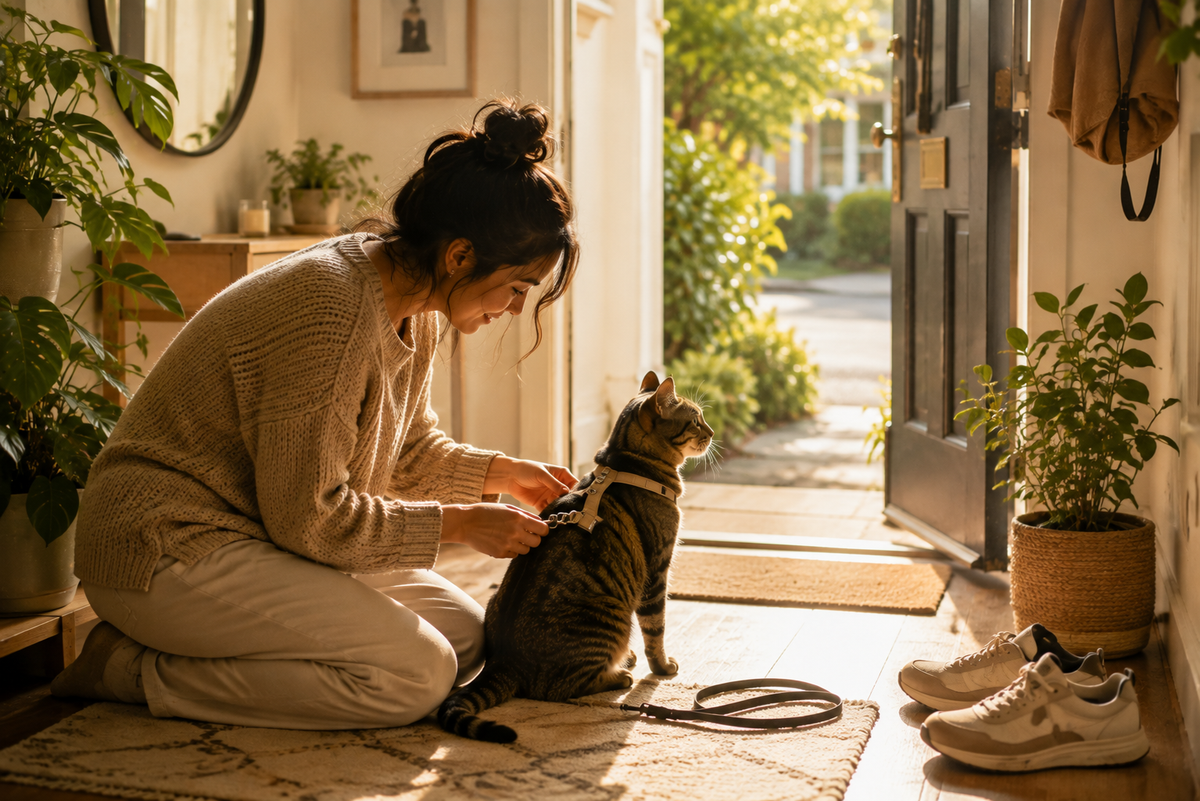 A woman kneels on a patterned rug in a warmly lit entryway, adjusting a harness on a tabby cat sitting in front of an open door. A coiled leash lies on the floor, with shoes and potted plants nearby.