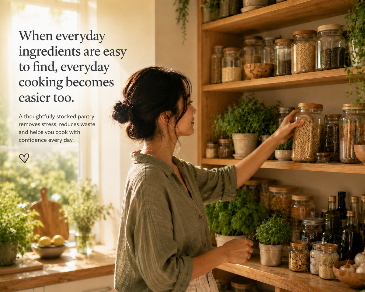A woman reaches for a jar of grains on a wooden pantry shelf in a warm, well-lit kitchen. The shelves are stocked with glass jars of dried goods, herbs, and spices, with text on the left reading, 'When everyday ingredients are easy to find, everyday cooking becomes easier too.