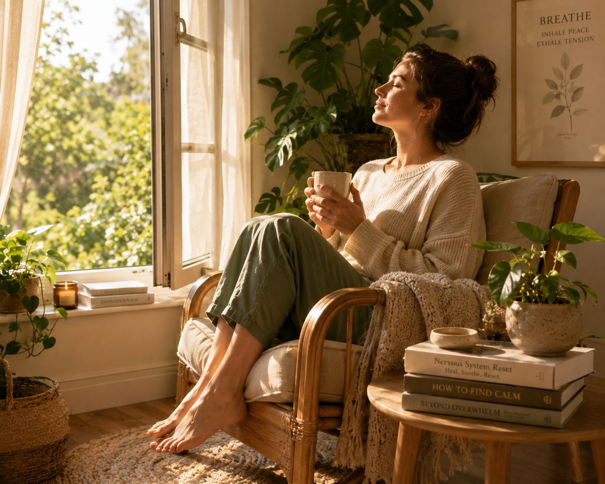 A woman relaxes in a wooden armchair by a sunlit window, holding a white mug. She wears a cream knit sweater and olive green pants.