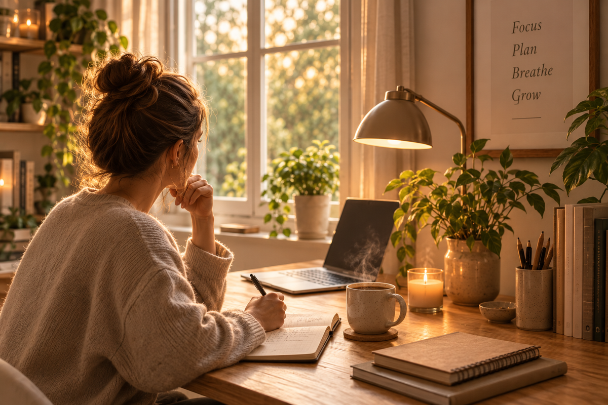 A woman sits at a wooden desk in a warmly lit home office, writing in a notebook with a pen. A laptop, mug, candle, books, and potted plants are arranged around her near a window.