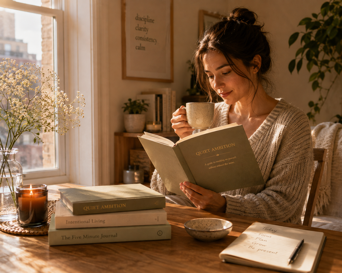 A woman sits by a warm window reading a book and holding a mug in a cozy room. On the wooden table in front of her are stacked books, including a journal titled 'Quiet Ambition' and another titled 'The First Minister Journal'.