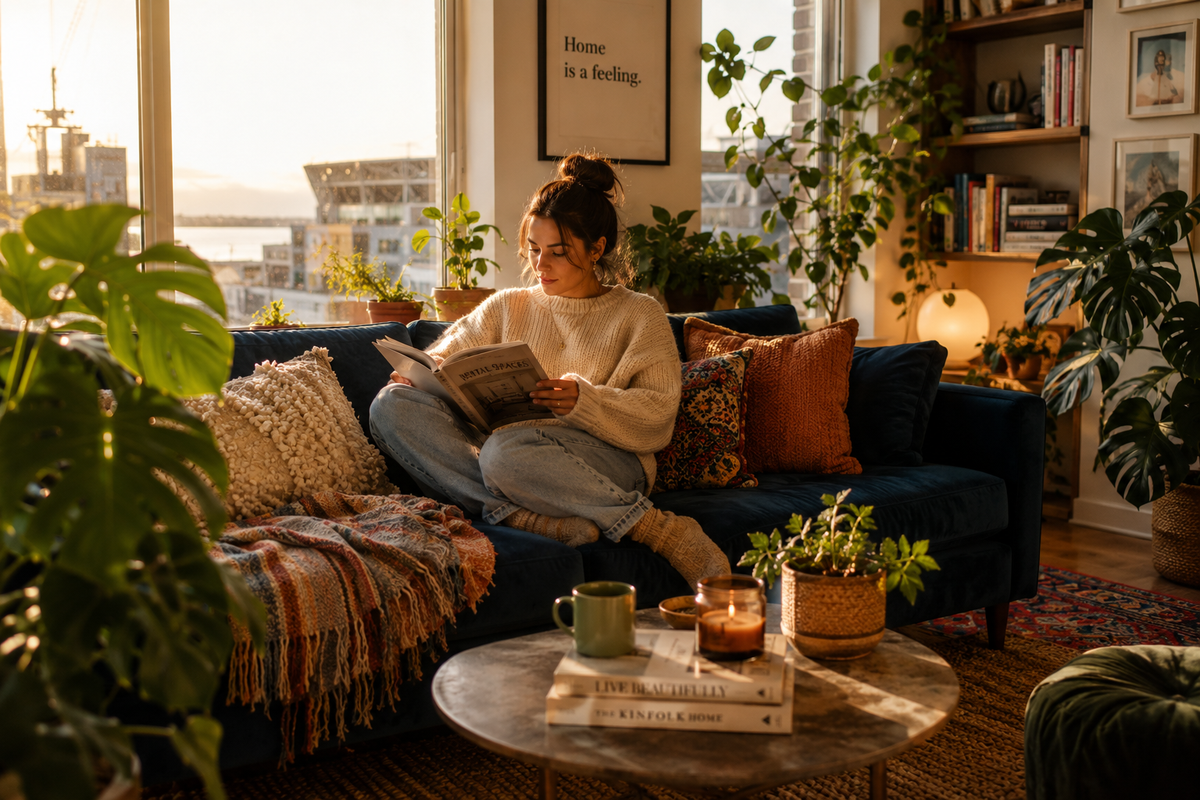 A woman sits cross-legged on a dark blue sofa in a cozy, sunlit living room, reading a book. The room is decorated with numerous green plants, a round coffee table with books and mugs, and a bookshelf in the background.