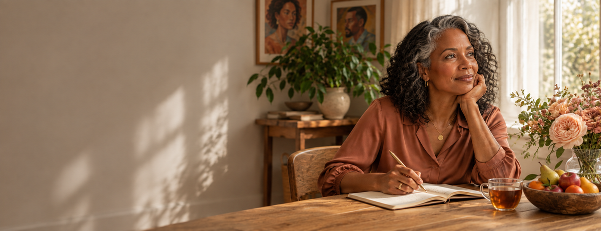 A woman with gray curly hair sits at a wooden table in a warmly lit room, writing in a notebook with a pen. She wears a rust-brown blouse and has a glass of tea and a bowl of fruit on the table.