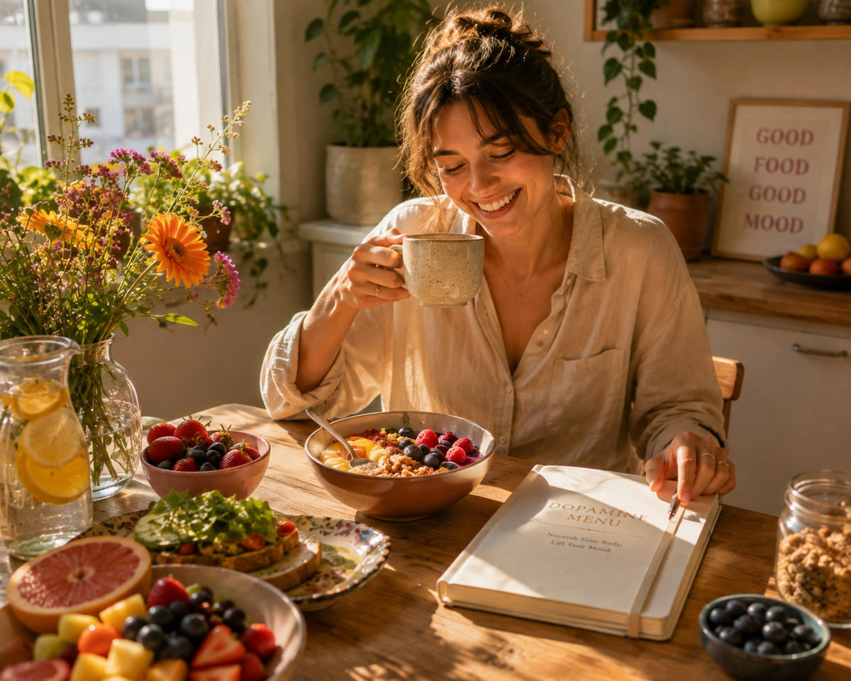 A woman with her hair in a bun sits at a wooden table in a bright kitchen, smiling while holding a mug. In front of her is a bowl of fruit and cereal, and she is holding a book with a wooden stick.