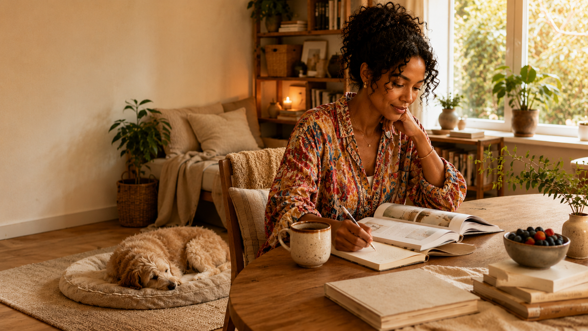 A woman writing in a notebook beside an open lifestyle guide in a warm, lived-in home, with coffee, books, plants and a relaxed dog nearby
