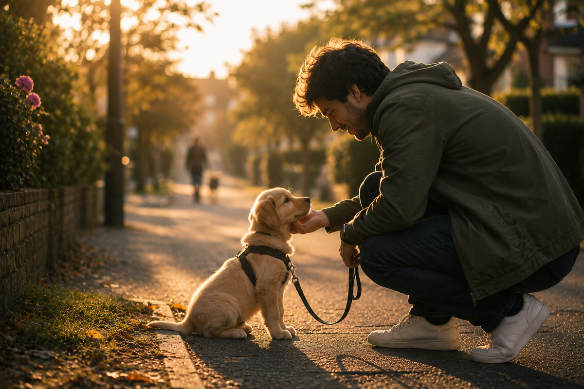 A young man crouches beside his puppy on a quiet, tree-lined street, gently greeting and reassuring the dog during a calm training walk at sunset.
