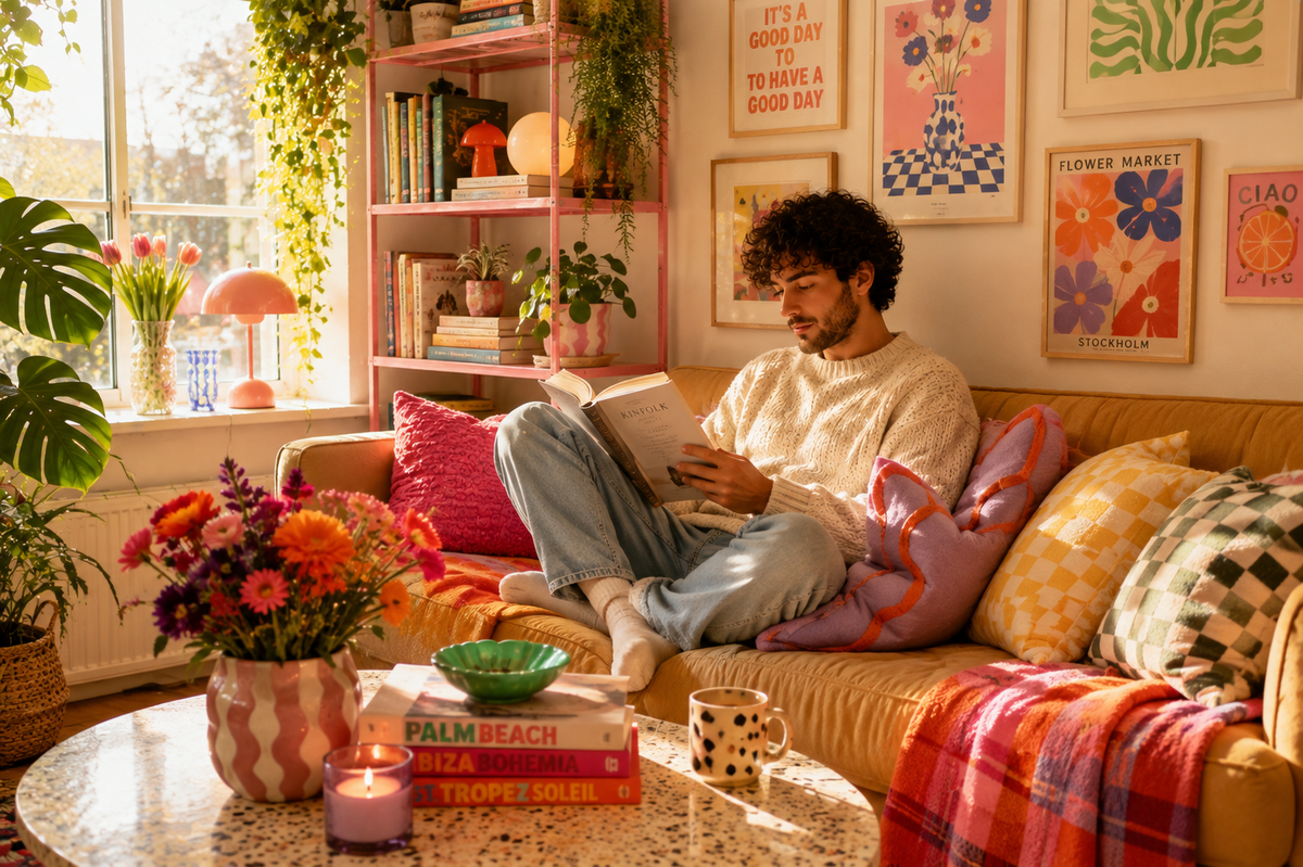 A young man curled up reading on a mustard sofa in a colourful dopamine decor living room filled with houseplants, vibrant artwork, fresh flowers, tea and warm natural sunlight.