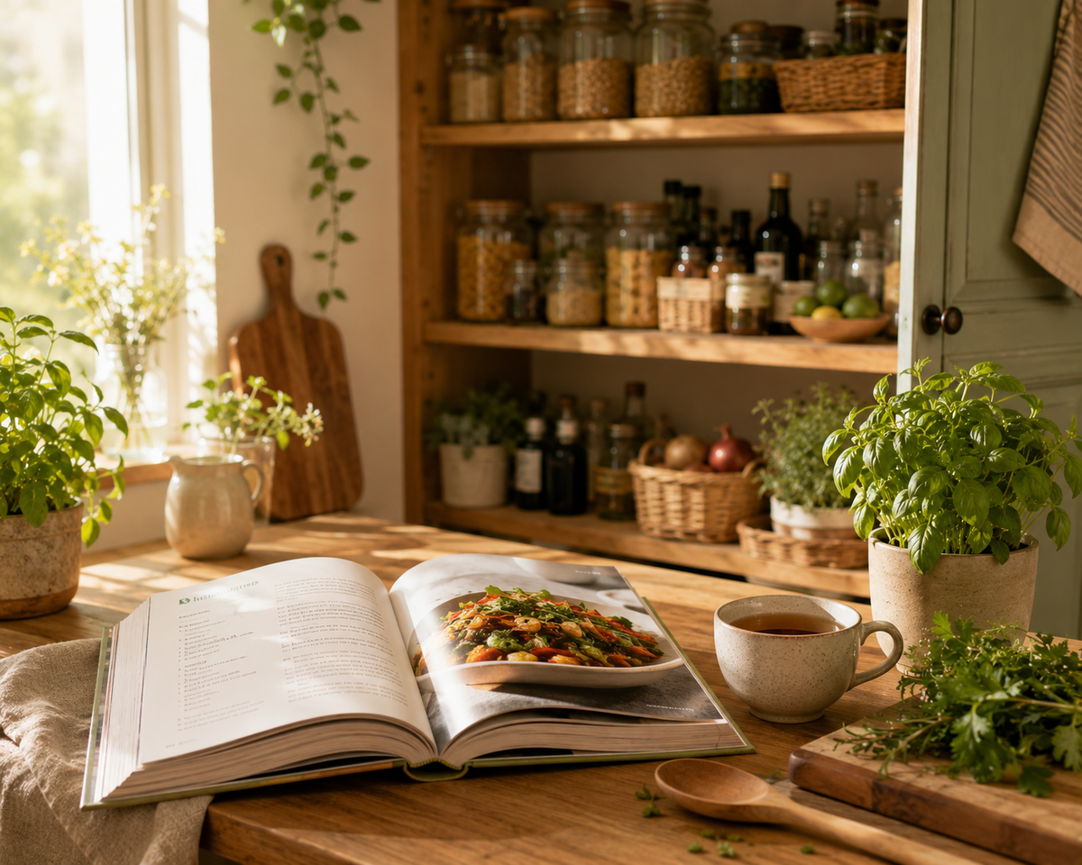 An open cookbook spread on a wooden table showing a colorful pasta dish, surrounded by a cup of tea, fresh herbs, a wooden spoon, and a rustic kitchen background with shelves of jars and plants.