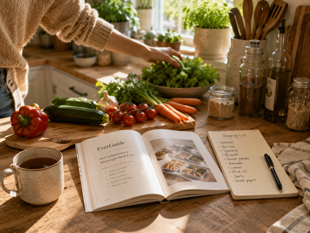 An open cookbook titled EverGuide lies on a wooden kitchen counter next to a handwritten shopping list notebook, with fresh vegetables, a mug of coffee, and a person's arm reaching for greens in the background.