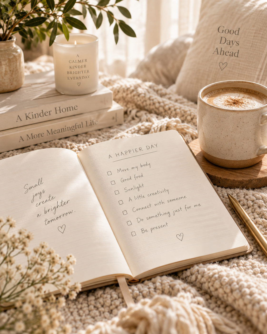 An open cream-colored notebook with a checklist titled 'A HAPPIER DAY' lies on a cozy knit blanket next to a cup of coffee, with stacked books and a candle in the background.