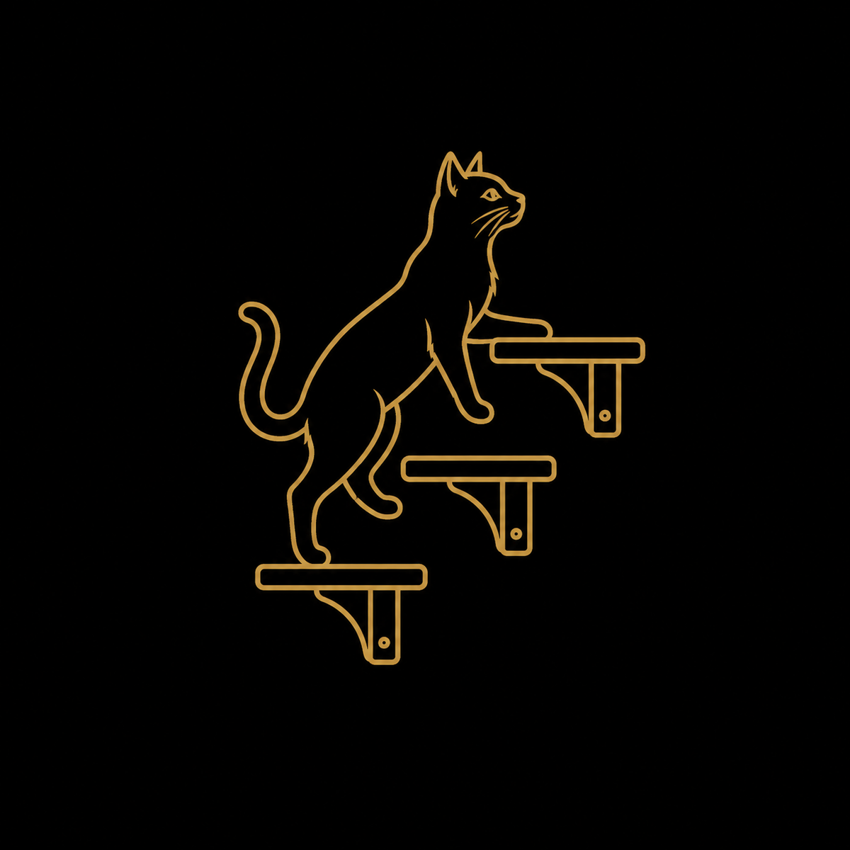 A minimalist gold line art illustration of a cat standing on two elevated platforms against a solid black background.