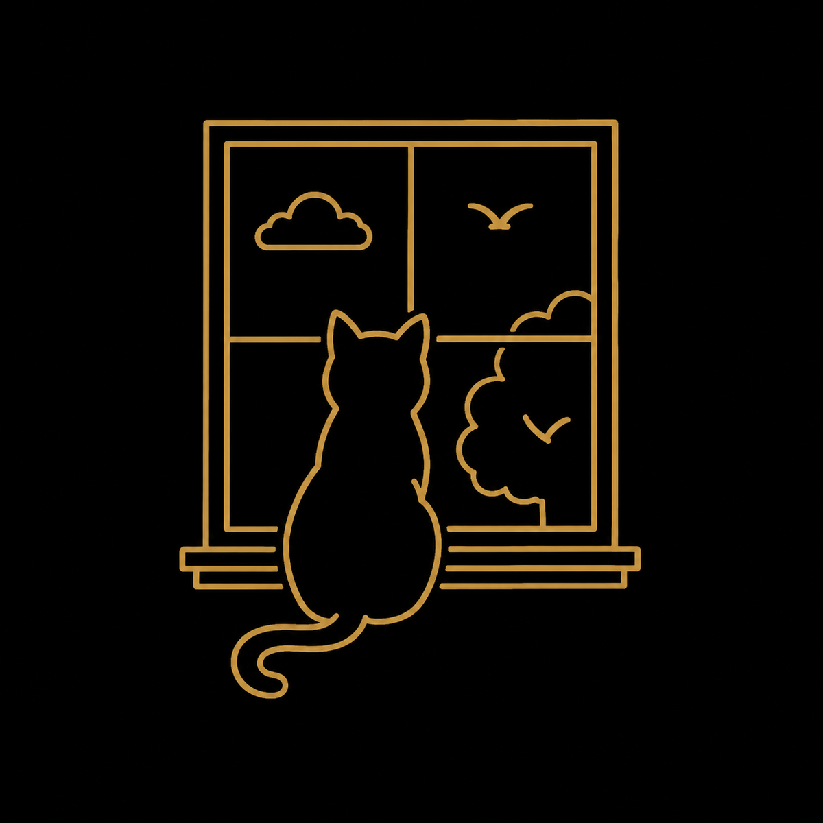 A minimalist gold line-art illustration of a cat sitting in front of a window, looking out at clouds, birds, and a tree, set against a solid black background.