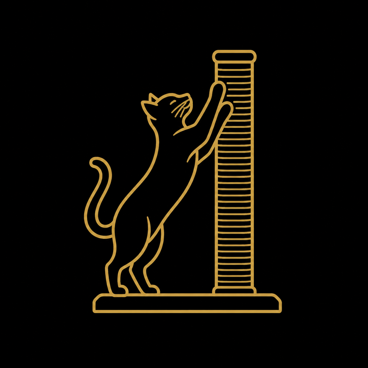 A minimalist gold line-art icon of a cat stretching upward to scratch a vertical scratching post, set against a solid black background.