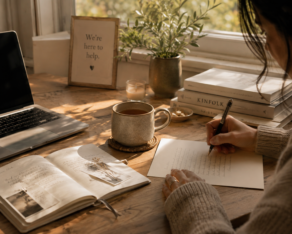 A cozy indoor desk scene with a person writing in a notebook, surrounded by a laptop, mug, framed sign reading 'We're here to help.', books including one titled 'KINFOLK', and a plant near a window.
