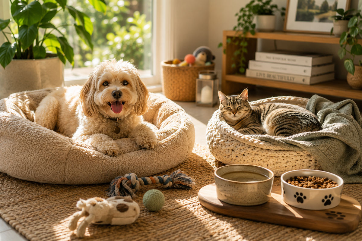 A small cream-colored dog rests in a plush beige pet bed on a woven rug, while a gray tabby cat sleeps in a cream knit pet bed with a blanket. Two bowls on a wooden tray sit nearby, one with dry dog food and one with wet food, in a sunlit room with plants and shelves in the background.