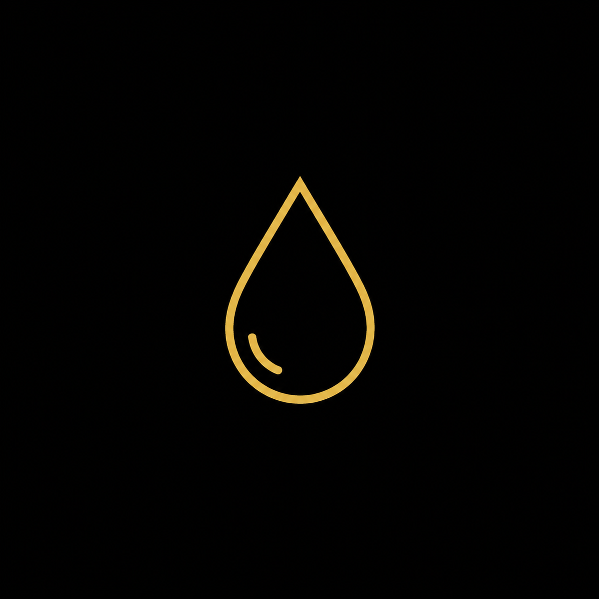 A minimalist gold outline icon of a drop centered on a solid black background.