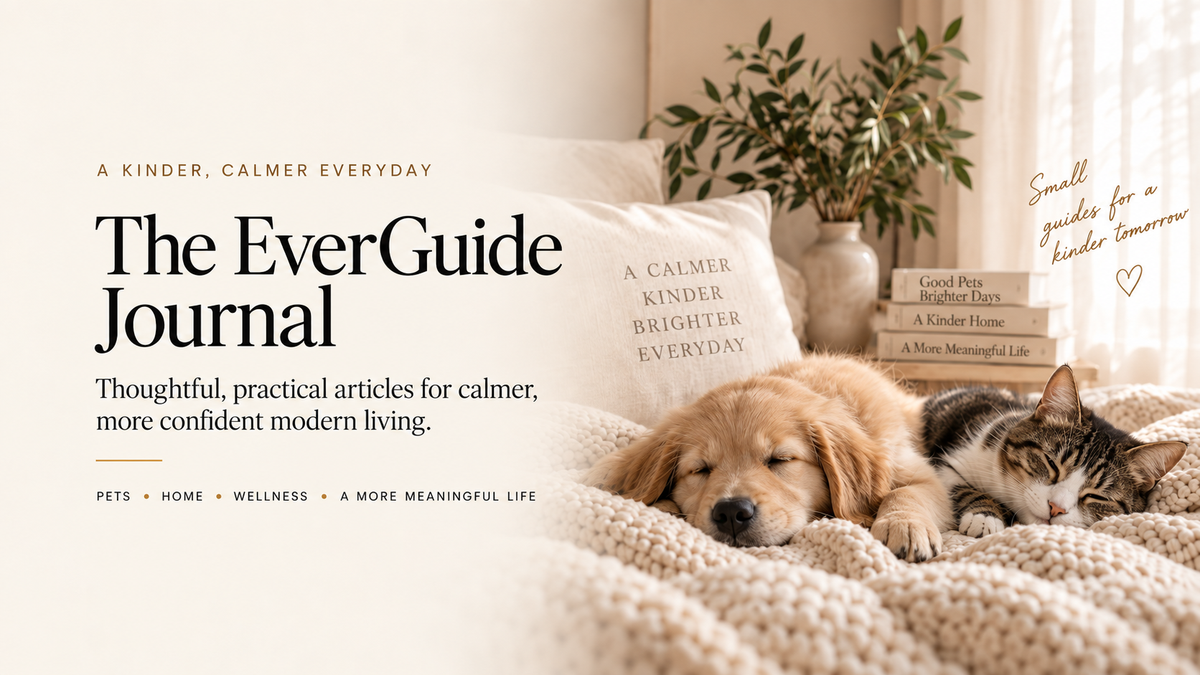 Promotional graphic for 'The EverGuide Journal' featuring a cozy bedroom scene with a golden retriever and a tabby cat sleeping on a cream knit blanket, with a white pillow printed with 'A CALMER KINDER BRIGHTER EVERYDAY'.