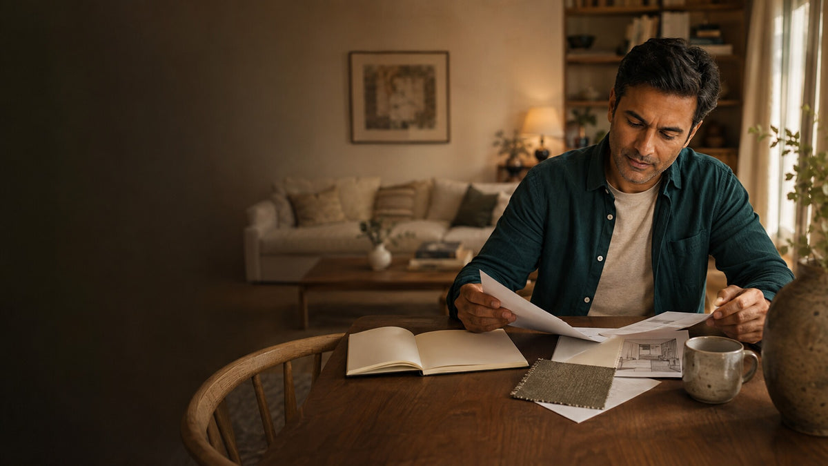 A man in a dark teal button-up shirt sits at a wooden table in a warmly lit living room, reviewing papers and holding a sample card. An open notebook, a ceramic mug, and a textured vase are on the table, with a blurred sofa and bookshelves in the background.