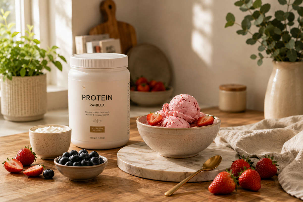 Homemade high-protein strawberry ice cream with vanilla protein powder, fresh strawberries and blueberries in a warm, sunlit kitchen.