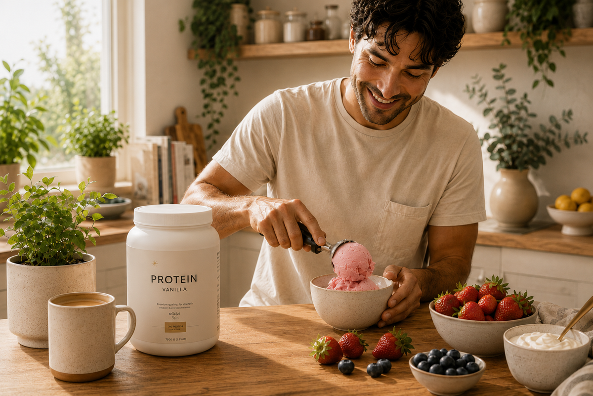 Man preparing a strawberry high-protein frozen dessert in a warm home kitchen, with fresh strawberries, blueberries and yoghurt on a wooden worktop.