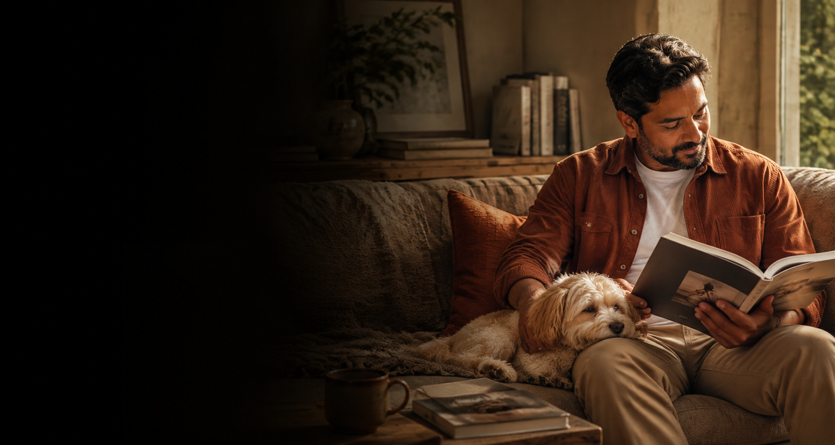 Man reading a dog-care guide at home while a small cream dog rests beside him..