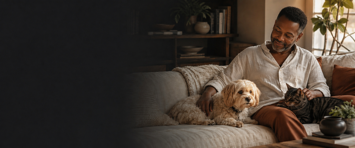 A man in a white shirt sits on a beige sofa in a warmly lit living room, petting a small cream dog and holding a tabby cat. A dark blurred foreground shape obscures part of the left side of the scene.