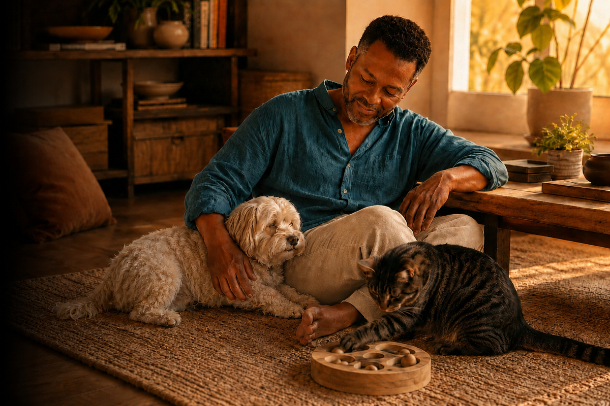Man in colourful clothing relaxing with his dog while a tabby cat explores a wooden enrichment toy.