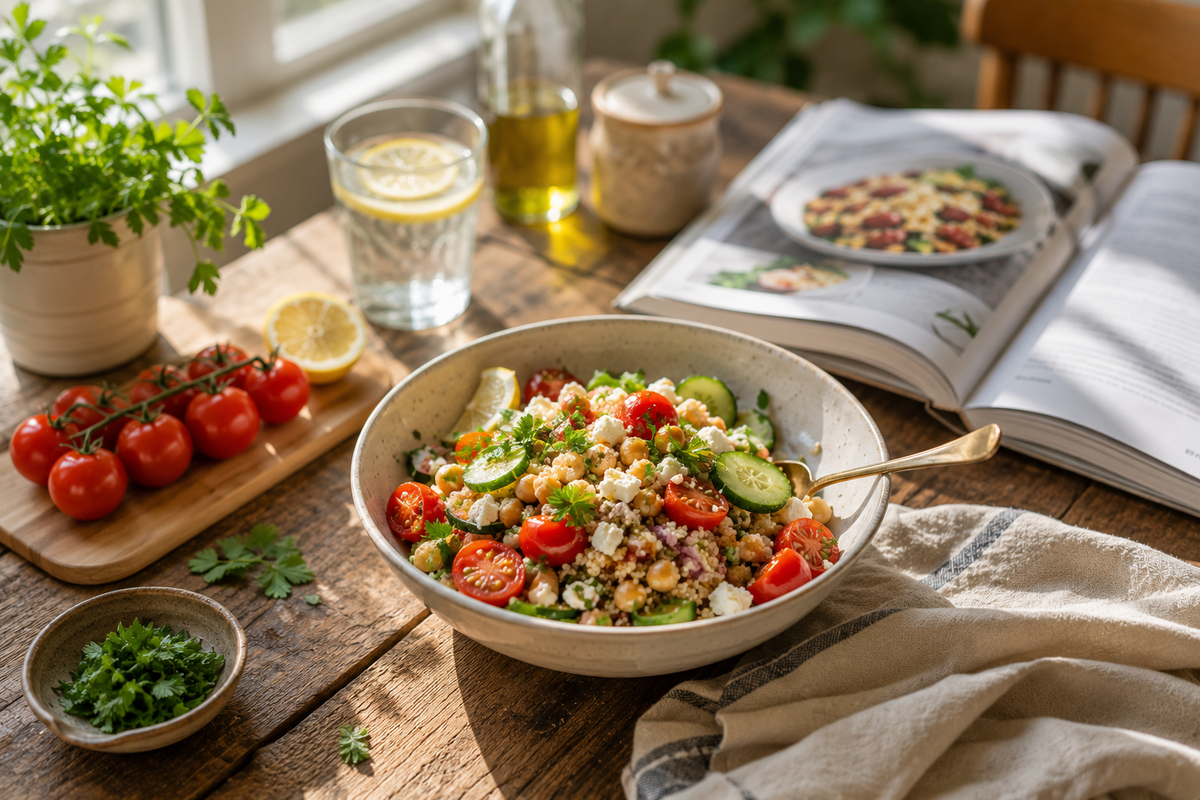 A bowl of fresh Mediterranean salad with chickpeas, tomatoes, cucumbers, and feta cheese on a rustic wooden table, surrounded by a glass of lemonade, fresh parsley, tomatoes, and an open cookbook.