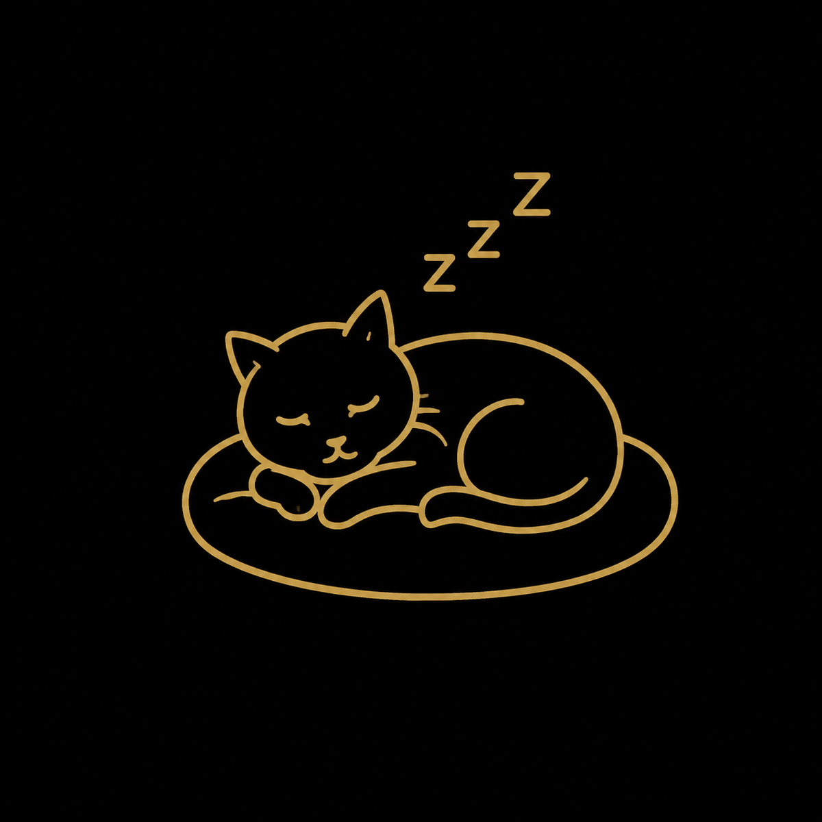 A minimalist gold line-art illustration of a sleeping cat curled up on a round cushion with 'z' sounds above, centered on a solid black background.