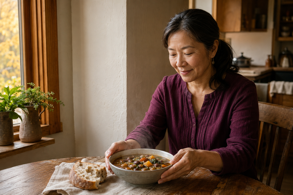 A woman with dark hair tied back wears a long-sleeve burgundy top and sits at a wooden table holding a bowl of soup, with slices of bread on a cloth beside her in a warm, rustic kitchen setting.