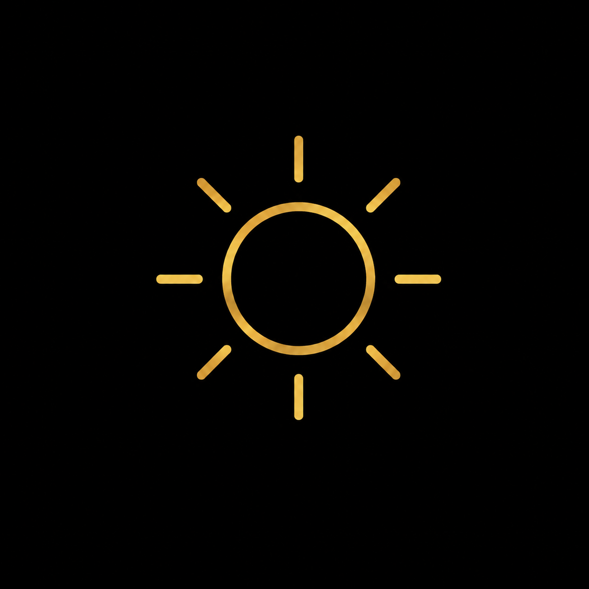 A minimalist gold sun icon with a circular center and six radiating lines on a solid black background.