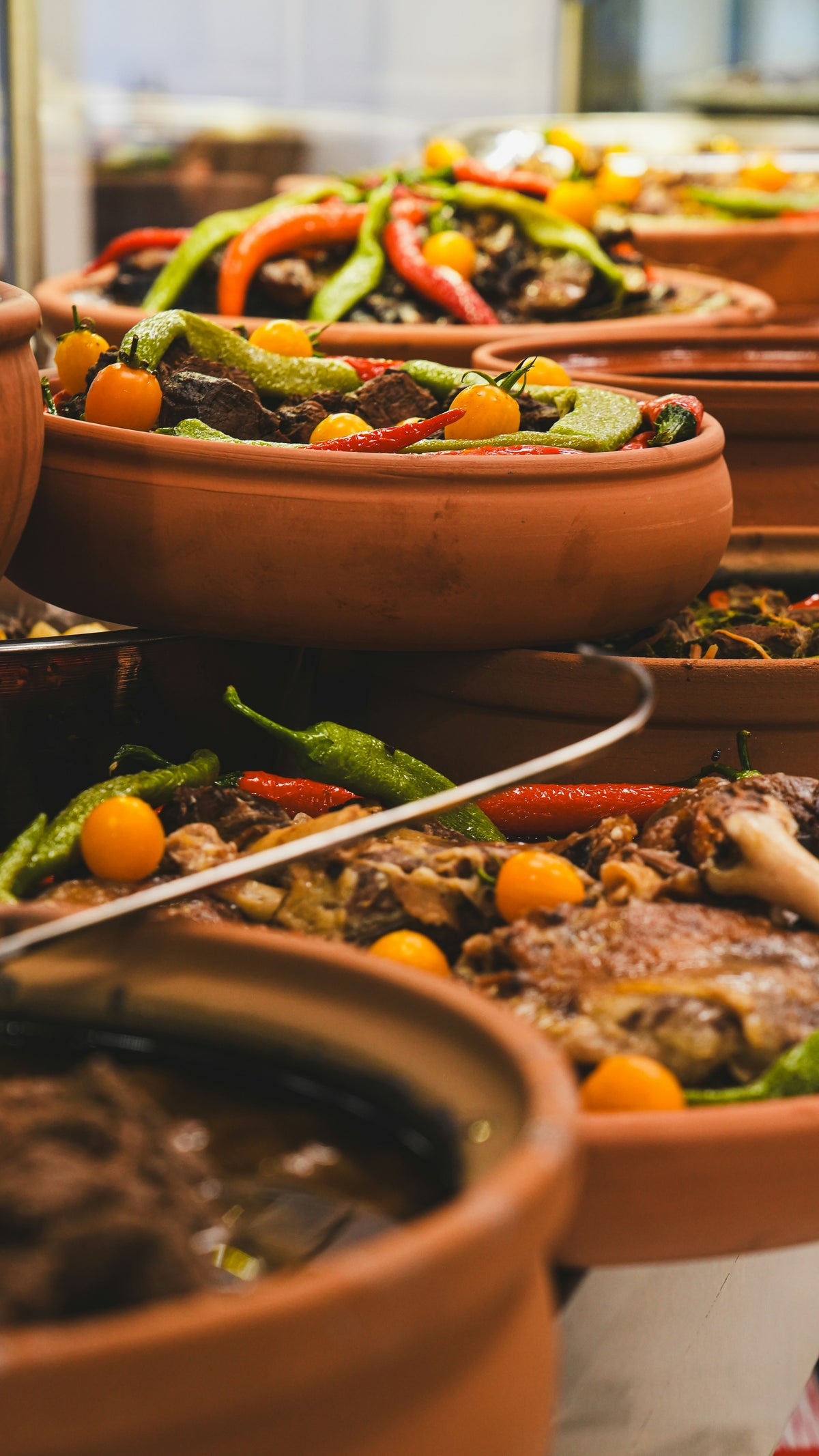 Terracotta pots filled with a variety of vegetables and meats on a table.