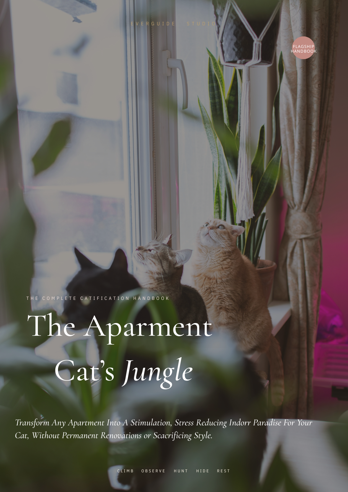 Book cover of 'The Aparment Cat's Jungle' with cats by a window and plants.