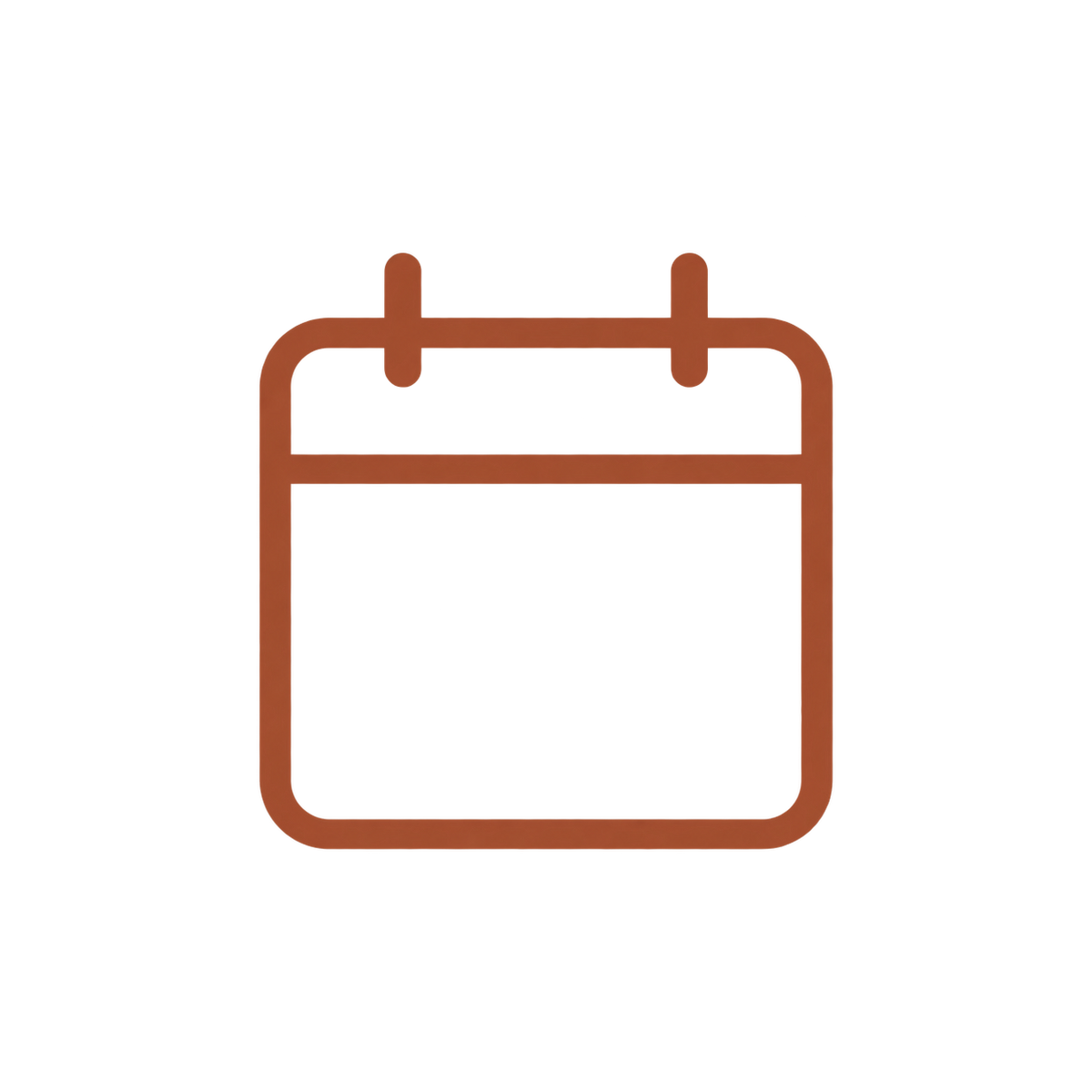 A minimalist brown line icon of a calendar page on a solid white background.