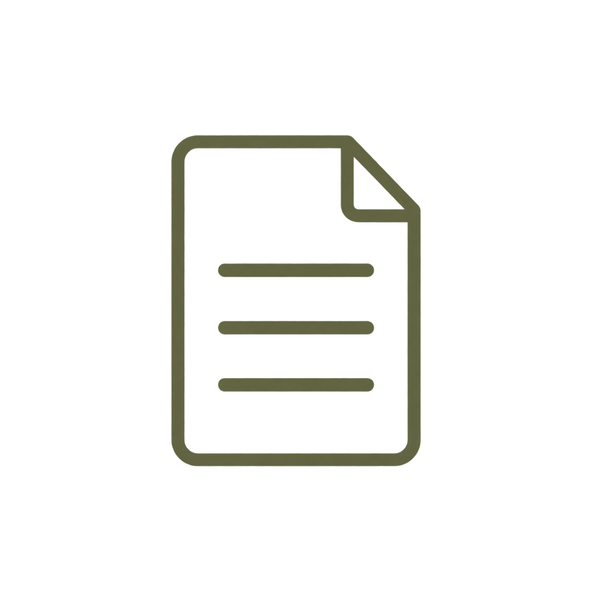A minimalist digital icon of a document with a folded corner, rendered in a muted olive-brown outline on a solid white background.