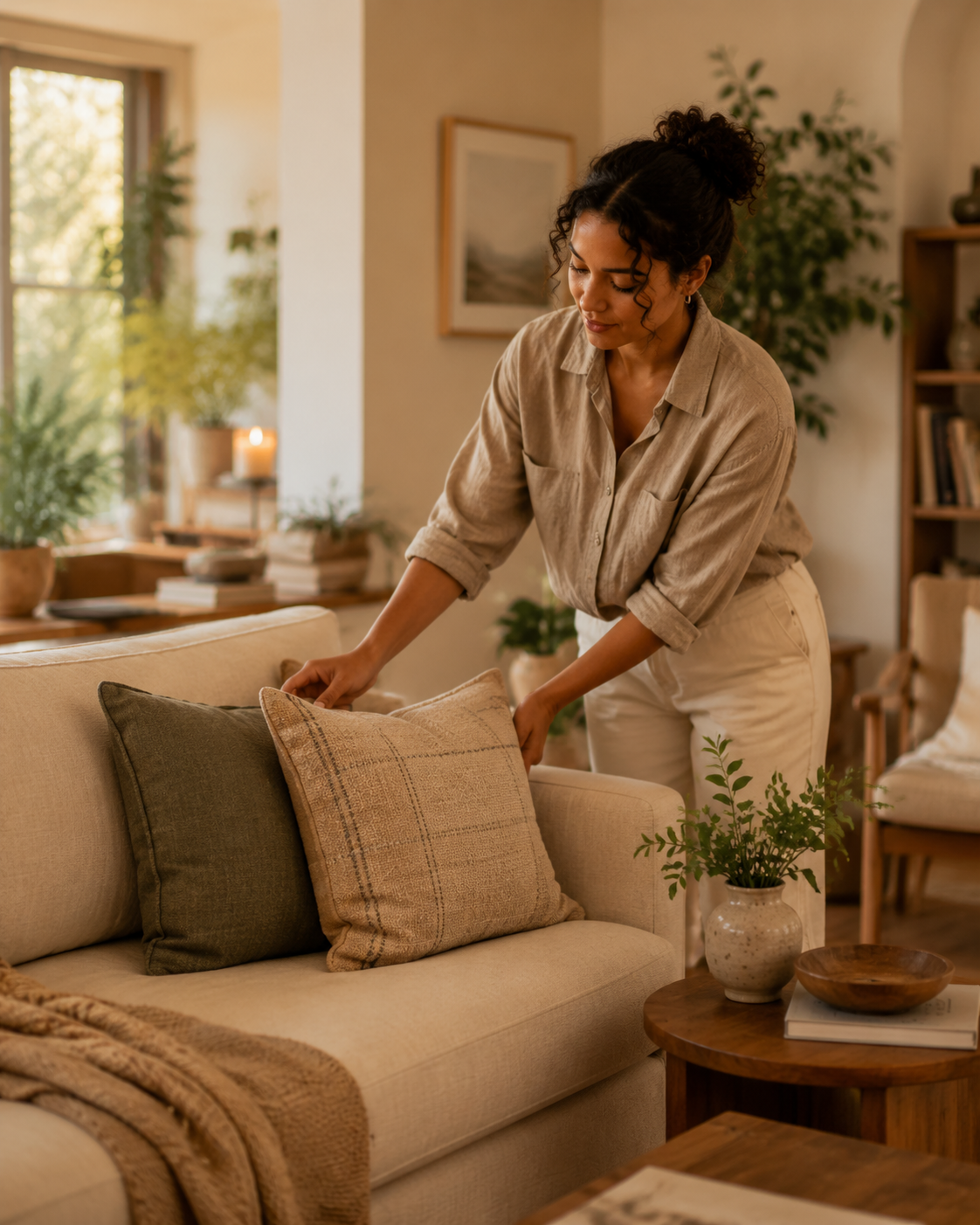 Woman arranging cushions in a warm, naturally lit living room with neutral textiles, plants and wooden furniture.